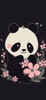 cute panda flowers black wallpapers