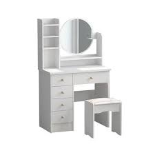 Check spelling or type a new query. Fufu Gaga 5 Drawers White Makeup Vanity Table Set With Stool Dressing Desk Vanity Wood With Round Mirror Storage Shelves Yahoo Shopping