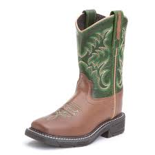 Old West Childrens Boy Square Toe Cowboy Boots Green Brown