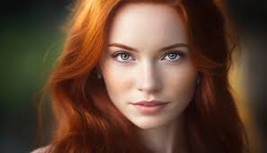 a woman with red hair and green eyes
