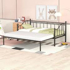 Urtr Black Metal Daybed With Pull Out Trundle Twin Size Daybed With Trundle Twin Size Sofa Bed Frame For Kids Teens S
