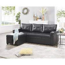homestock black reversible air leather sleeper sectional sofa storage chaise