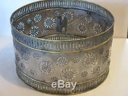 Vintage Mexican Punched Tin Drum Lamp Shade Silver Toned With Gold Accents