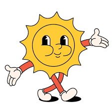 Grappige vrolijke cartoon zon met stralen Kinderkarakter jaren 70 stijl Positieve en goede vibes hippies | Premium Vector