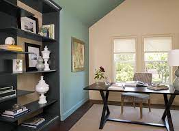 The color (or colors) you paint your home office could impact your performance. Interior Paint Ideas And Inspiration Benjamin Moore Cozy Home Office Blue Home Offices Green Home Offices