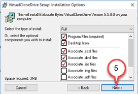 Installing and setting up virtual clonedrive includes choosing which file types to associate with the program, if any, on a compact settings dialog tab that includes language choices. Virtual Clonedrive