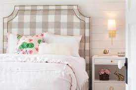Gray Plaid Bed With Pale Pink Bedding