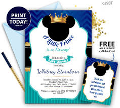 Royal Prince Mickey Baby Shower Blue And Turqoiuse Invitation Crown Digital Mickey Mouse Invitation Oz9bt