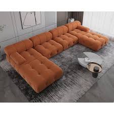 J E Home 138 In Square Arm 4 Piece Velvet U Shaped Sectional Sofa In Orange