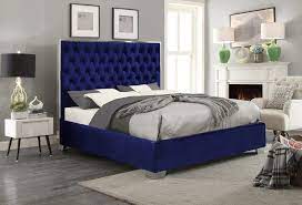 Blue Velvet Fabric Platform Bed With
