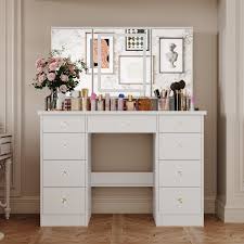 fufu a contemporary white makeup vanity table with 9 drawerirror le storage e for beauty essentials kf210213 01