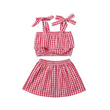 2pcs Toddler Baby Girls Clothing Set Plaid Checked Halter Sleeveless Strap Crop Tops Short Dress Summer Outfits Clothes