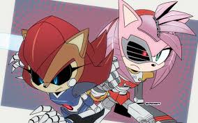 risziarts, amy rose, mecha sally, rusty rose, sally acorn, sonic (series), sonic  prime, sonic the hedgehog (archie comics), highres, 2girls, black sclera,  blue eyes, claws, colored sclera, cyborg, furry, furry female, green