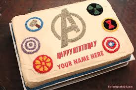 A modern design chocolate cake covered by chocolate mousse and coco spray. Write Name On Avengers Birthday Cake