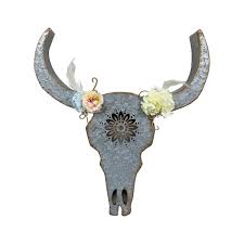 Distressed Galvanized Metal Bull Head Skull Wall Hanging Art Southwestern Cow Steer Skull With Frabic Flowers 18x 19 3 X