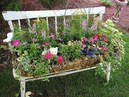 old garden bench flower container