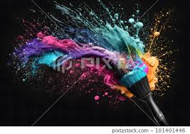 makeup brush and rainbow paint splash