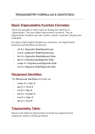 trignometry formulas idenies