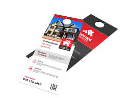Printed samples of door hangers showing different designs and uses for targeted local door to door personalized marketing. Roofing Door Hanger Templates Mycreativeshop