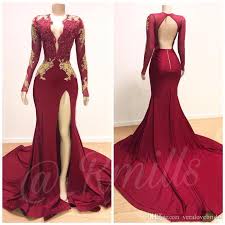2019 New Sexy Long Sleeves Mermaid Prom Dresses Plus Size Gold Lace Appliques High Split African Arabic Girls Formal Evening Party Gowns