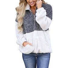 Womens Long Sleeve Contrast Color Zipper Sherpa Pile Pullover Tops Fleece With Pocket