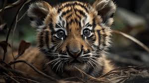 baby tiger cub looking up at the camera