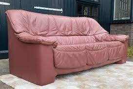 Vintage Old Pink Leather 3 Seater Sofa