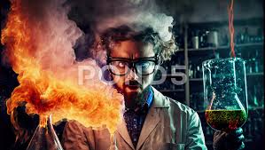 mad scientist in lab with fireball