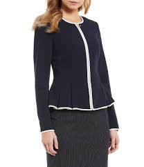 Tommy Hilfiger Contrast Pipe Trim Zip Front Peplum Pleated Jacket