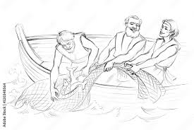 The fishermen pull the net into the boat. Pencil drawing Stock Illustration  | Adobe Stock