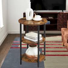 Black Metal Wood Round End Table For