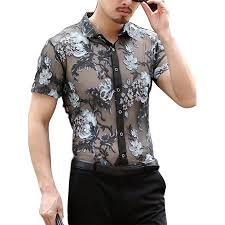 Mens Short Sleeve See Through Floral Mesh Party Beach Club Wear T Shirt
