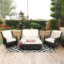 5 Pieces Patio Rattan Sofa Set Outdoor Conversation Set With Cushion And Ottoman Off White