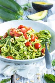 beautiful picture of zucchini noodles and tomatoes on a table