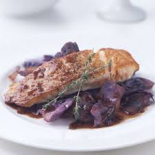pan seared salmon over red cabbage and