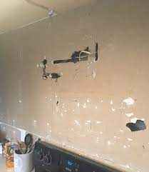 After the adhesive has set, apply grout, and you're done. Kitchen Backsplash On Torn Drywall Doityourself Com Community Forums