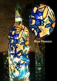 Blue Flowers Painted Wine Bottle Wine