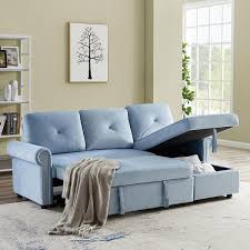 gosalmon 83 in w blue velvet twin size sofa bed convertible sectional 3 seater l shape couch with storage chaise