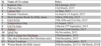 Annual Holidays Calendar January To December 2015 Pakistan