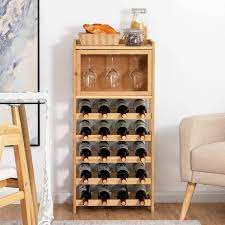 Bunpeony 20 Bottle Yellow Freestanding Bamboo Wine Rack Cabinet With Display Shelf And Glass Hanger