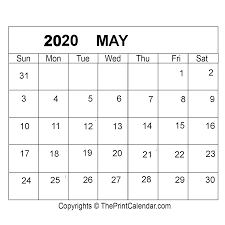 May 2020 Printable Calendar Template Pdf Word Excel