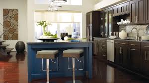 dark wood cabinets with a blue kitchen