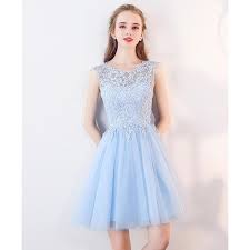 Scoop Neck Light Blue Short Prom Dresses Lace Girls Junior Graduation Siaoryne