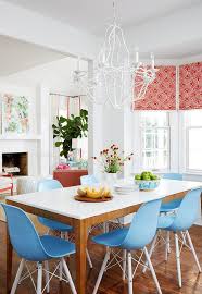 blue dining chairs at two tone table