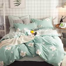 100 Coon Light Green Flowers Duvet Cover Set Brief Bed Sheet Pillow Case Queen Size Bedding Sets Soft New Cheap Bed Linens King Duvet Set White