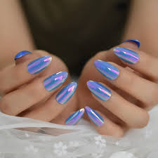 sky blue holographic fake nails