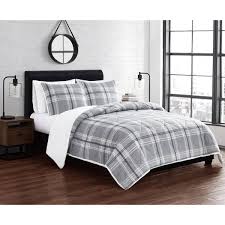 Grey Plaid Polyester King Comforter Set