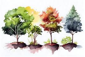 A Watercolor Painting Of Trees With