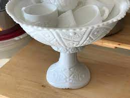 Vintage Milk Glass Punch Bowl W Cups