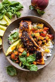 crispy bbq salmon bowls with roasted